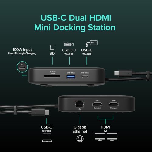 Plugable 7-in-1 USB-C DisplayLink Dock – Dual 4K 60Hz HDMI, USB-C & USB-A (10Gbps), SD Card, Gigabit Ethernet, 100W PD Charging – Compatible with macOS & Windows, MacBook Dual Monitor Support