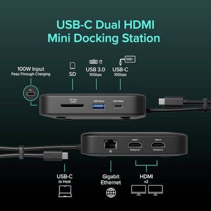Plugable 7-in-1 USB-C DisplayLink Dock – Dual 4K 60Hz HDMI, USB-C & USB-A (10Gbps), SD Card, Gigabit Ethernet, 100W PD Charging – Compatible with macOS & Windows, MacBook Dual Monitor Support