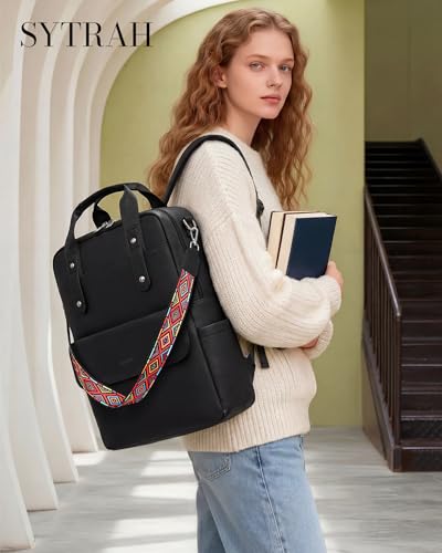 Leather Laptop Backpack 15.6 inch Womens Computer Bag Black | 3-in-1 laptop purse: Dedicated 15.6" Compartment, 7-Pocket Organizer, Colorful Shoulder Strap, Work & Travel Ready - color: Purse Black