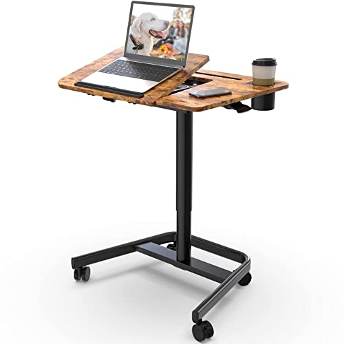 JOY worker Mobile Sit Stand Desk, 60° Tiltable Portable Desk, Rustic Brown | Pneumatic Height Adjustable Cart, Rolling Sit Stand Desk with Wheels & Cup Holder for Office Home School, Holds Up to 22lbs - color: Rustic Brown