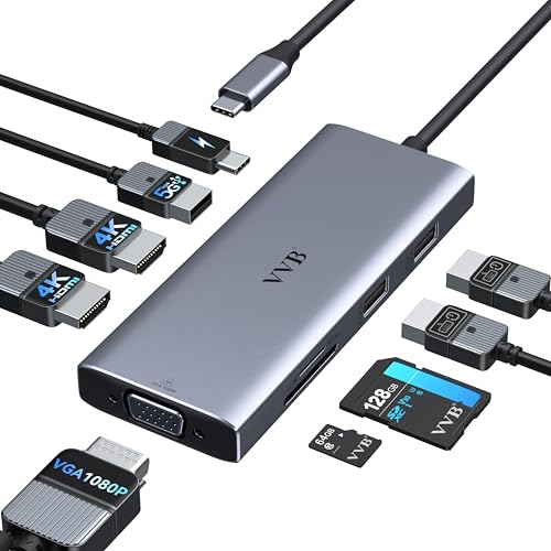 Docking Station 3 Monitors USB C Docking Station Dual Monitor HDMI Adapter | USB C Hub Multiple Adapter Dongle with 2 HDMI 4K+VGA+100W PD Charger+3 USB Port+SD/TF Card Reader for Lenovo Dell HP Laptop - color: ‌Dark gray‌