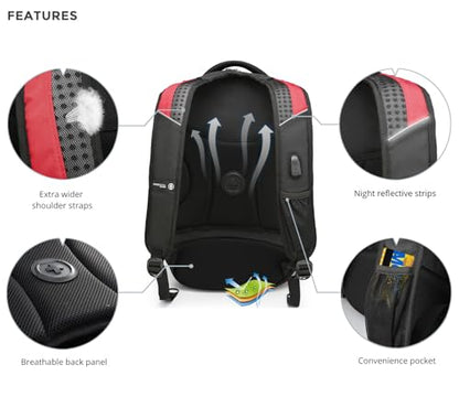 Swissdigital Design Men's Laptop Backpack for College and Business Travel with Integrated USB Charging Port and RFID Protection Fits 15.6" Laptops Black/Red | J14-41 - color: Black/Red