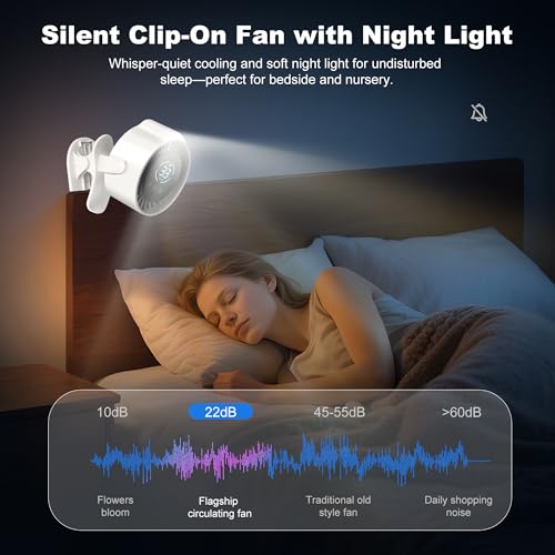 Clip On Rechargeable Fan with LED Light 100 Speed (Need Long Press), 720° Adjustment, Small Protable Desk Fan Quiet Clamp Base 12H Battery, 7 Blades for Dorm Bedroom Travel Camping - color: white