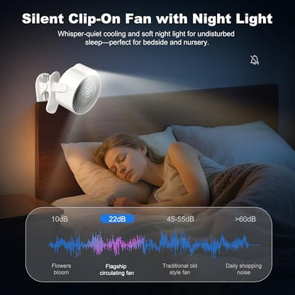 Clip On Rechargeable Fan with LED Light 100 Speed (Need Long Press), 720° Adjustment, Small Protable Desk Fan Quiet Clamp Base 12H Battery, 7 Blades for Dorm Bedroom Travel Camping - color: white
