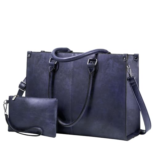 LOVEVOOK Laptop Tote Bag for Women, 15.6 Inch Professional Work Bag with Matching Clutch, Waterproof Vintage Leather Computer Tote for Office, Business Travel & Daily Use, Gift for Women - color: Indigo Ink, size: 15.6 inch