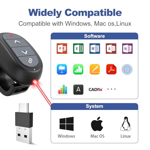 Presentation Clicker PowerPoint Wireless Presenter Remote: USB C Laser Pointer Computer Clickers, Hyperlink Finger Ring Project Power Point PPT Clicker for Mac Laptop Office, Google Slide Advancer - style: USB C A Finger Ring