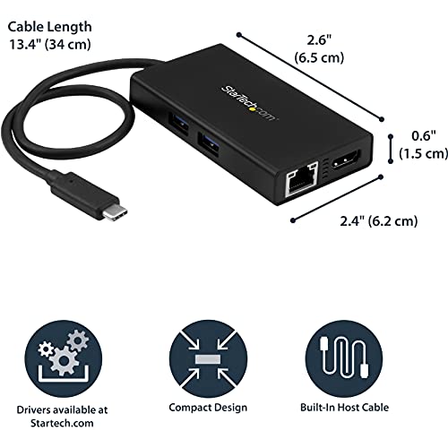 StarTech 4-in-1 USB-C Travel Dock with 4K HDMI, 60W PD, GbE, USB-A, TAA | Windows, macOS, ChromeOS, Driverless setup, 10in/25cm attached cable, USB Powered, 2-port USB-A 3.0 5Gbps - style: 60W Power Delivery | 2x USB-A 3.0