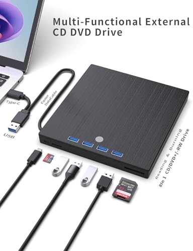 9 in 1 External CD DVD Drive, USB 3.0 and Type-C Disc Reader Writer Burner Player,Slim and Portable CD DVD +/-RW Optical Drive for PC Laptop Desktop MacBook Mac Windows Linux OS Apple - style: 9 in 1