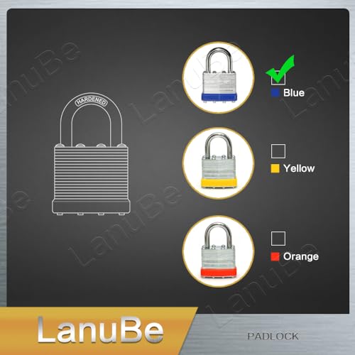 LanuBe Laminated Keyed Alike Padlock 6 Pack 1.6-in Wide Standard Shackle | Brass cylinder with keyed alike design.One key opens all locks. Blue ring, for gates, sheds,hasps ,toolboxes - size: 6 Pack Blue