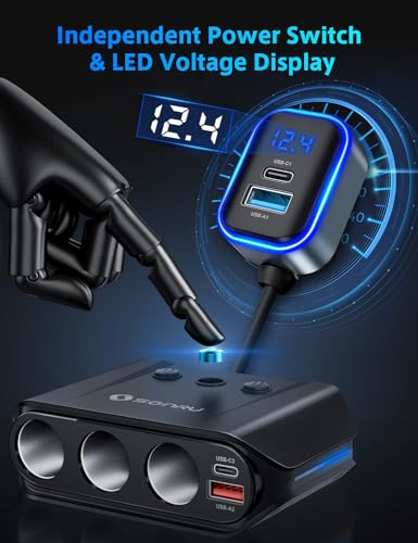 7 in 1 Cigarette Lighter Splitter, SONRU 180W (max 192W) 3-Socket Car Cigarette Lighter Adapter with Dual PD 36W/QC3.0 Fast Charging (3.7FT Cable) 12V/24V Independent Switches & LED Voltage Display