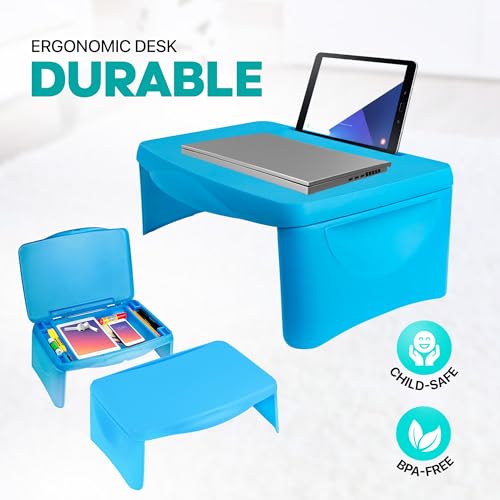 MAVOCRAFT Foldable Kids Lap Tray with Storage - Portable Lap Desk Kids & Adults - Kids Lap Desk for Breakfast in Bed, Serving Tray, Car Desk & Gaming (Blue) - color: Blue