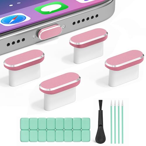 USB C Dust Plug, 4 Pack Type C Anti Dust Plug Cover for iPhone 17, 16, 15 Series, Galaxy S22/S21/S20 and Other USB-C Devices, Charging Port Protector Cap with Cleaning Brush (Pink) - color: Pink