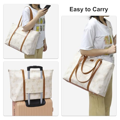 Laptop Bag for Women 17 Inch, Leather Laptop Tote Bag Waterproof Computer Bag Office Work Bag Business Briefcase with Compartment&Shoulder Straps (A3-Beige/Brown Flower, 17.3 inch) - color: A3-beige/Brown Flower