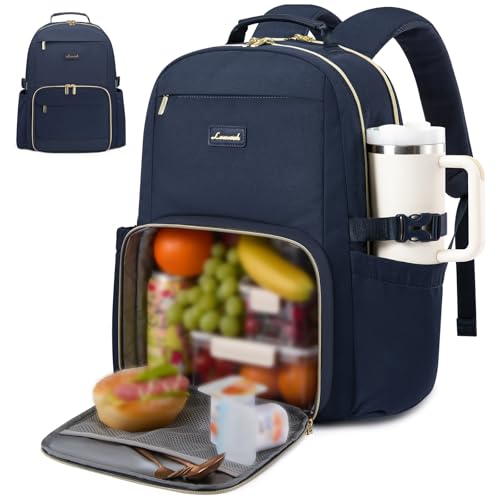 LOVEVOOK Lunch Backpack with Lunch Compartment,17 Inch Laptop Work Travel Insulated Cooler Backpack Purse, Waterproof College Teacher Lunch Bag Box with Tumbler Holder,Gifts for Men Women,Dark blue - color: Dark Blue, size: 17-Lunch