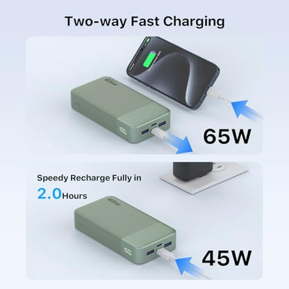 NOBIS 20000mAh Battery Pack Power Bank 65W Power Bank, Portable Charger with Digital Display, Dual USB-C/USB-A Fast Charging for Laptop, Phone, Tablet, Travel-Friendly External Battery Pack - color: Green
