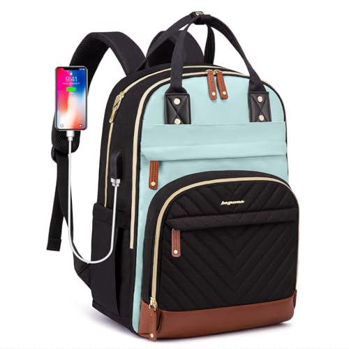 Laptop Backpack for Women Work Bookbag: 15.6 Inch College Backpacks with USB Charger School Bag Waterproof Travel Computer Back Pack Anti-Theft Casual Bookbags for Girls Teacher Nurse Black-Light-Blue - color: 51-black Light Blue, size: 15.6 Inch