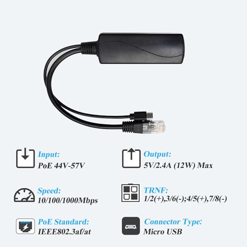 2.5G Micro USB PoE Splitter 5V/2.4A, PoE to Micro USB 5V/2.4A 12W Output, 2.5Gbps Gigabit Ethernet Comply IEEE802.3af/at, Plug and Play for Smart Home - style: USB0502G-X Micro USB 5V/2A