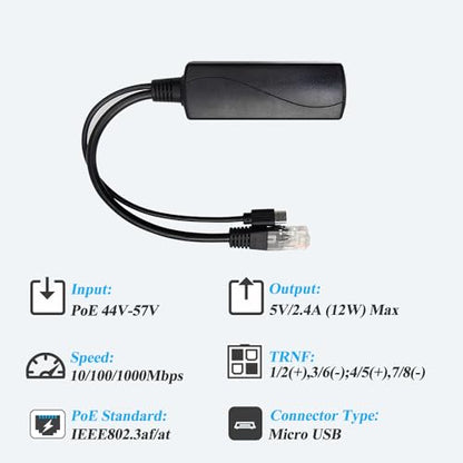 2.5G Micro USB PoE Splitter 5V/2.4A, PoE to Micro USB 5V/2.4A 12W Output, 2.5Gbps Gigabit Ethernet Comply IEEE802.3af/at, Plug and Play for Smart Home - style: USB0502G-X Micro USB 5V/2A