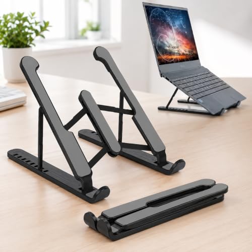 ABS Laptop Stand, Adjustable Laptop Riser with, Foldable and Portable Design, Ventilated Cooling Support for Notebooks and Tablets, Compatible with 10–15.6-Inch Devices, Black