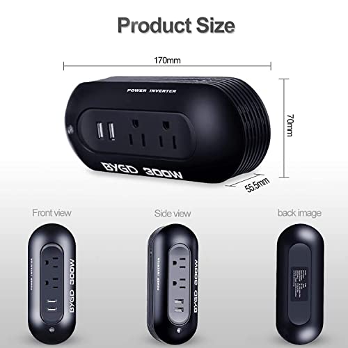 300W Car Power Inverter DC 12V to 110V AC Converter – Dual AC Outlets & Dual 2.4A USB Fast Charging Ports, Cigarette Lighter Adapter for Phones, Tablets, Laptops on Road Trip