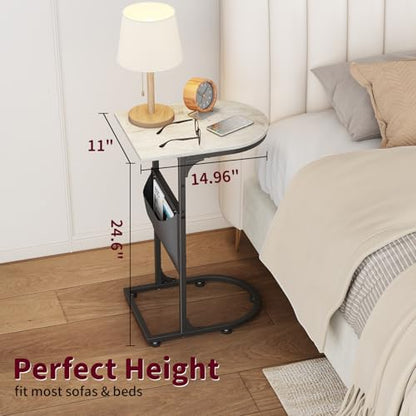 C Shaped End Table, Small Side Table for Couch, C Table that Slides Under Sofa with Storage Bag, TV Tray Table for Recliner, Living Room, Bedside, Bedroom, Small Spaces, Greige - color: Classic Greige
