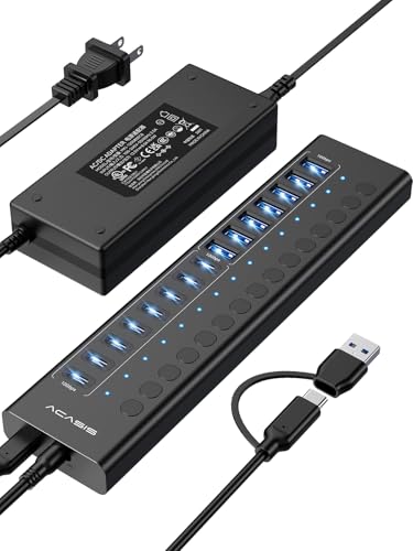 ACASIS 16 Ports Powered USB 3.2 Hub (8 USB-A 3.2 +8 USB-C 3.2), 10Gbps | Individual On/Off Switch for Each Port • Aluminum Housing • Better Heat Dissipation • Plug & Play • 96W Power Adapter - color: Black