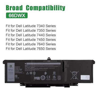 66DWX 086D0Y Laptop Battery Replacement for Dell Latitude 7340 7350 7440 7450 7640 7650 Series Notebook 86D0Y 00HYH8 0HYH8 11.4V 57Wh 4878mAh - size: 12.3*5.1*1.2inch 66DWX