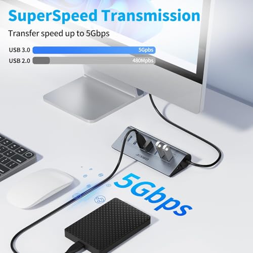 USB Hub 3.0, JESWO Aluminum 7 Port USB 3.0 Hub with 3.3Ft Cable, USB Splitter with 7-USB3.0 Data Ports Compatible with MacBook, Laptop,Surface Pro, PS5, PC and More (No Power Adapter Included) - color: Grey