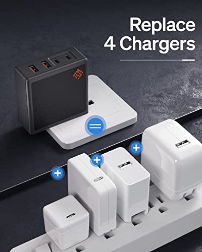 SlimQ 100W GaN USB-C Charger, 4-Port, with 5ft Extension Cable, No-Reset - color: Grey+Cable