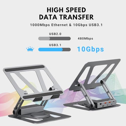 Universal 360° Portable Laptop Docking Station, Adjustable Height w/Detachable USB C Hub, 4K HDMI, USB 3.1, RJ45, 100W PD, Suitable for MacBook Pro/Air/Dell/HP/Surface/Lenovo, Plug and Play