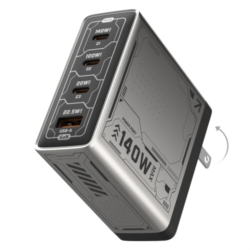 Mfish E-Rhino 140W USB-C Charger, True PD 3.1 GaN Fast Charger, 4-Port (3 USB-C + 1 USB-A) Foldable Plug Power Adapter for MacBook Pro 16”, iPhone 17/16, iPad, Galaxy, Tablet, Laptop, Grey - color: 140W-Grey