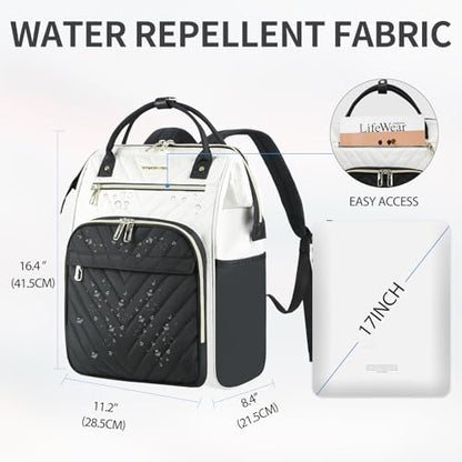 VANKEAN 15.6 Inch Laptop Backpack for Women Large Capacity Waterproof Daypack - color: Beige/Black, size: 15.6 Inch