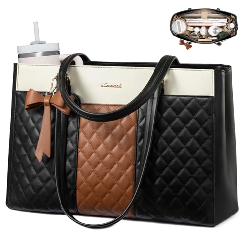 LOVEVOOK Laptop Tote Bag for Women,15.6 Inch Work Bags PU Leather Teacher Tote Bag,Waterproof Quilted Computer Bag for Office Professional Briefcase Gifts - color: Black White Brown-a, size: 15.6 Inch