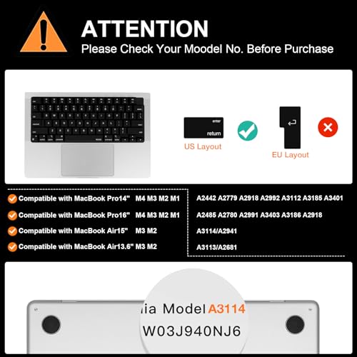 MOSISO Silicone Raised Keyboard Cover for Long Nails, Keyboard Cover with Cleaning Brush, Compatible with MacBook Air 15 M3 A3114 M2 A2941/Air 13.6/Pro 14/16 M4 M3 M2 M1, Black