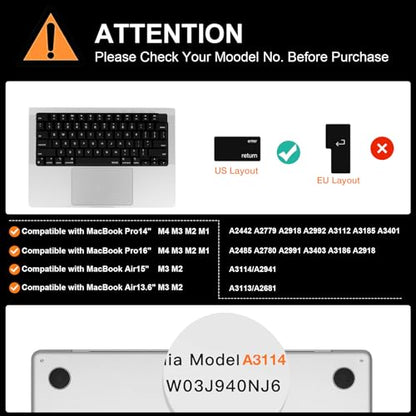 MOSISO Silicone Raised Keyboard Cover for Long Nails, Keyboard Cover with Cleaning Brush, Compatible with MacBook Air 15 M3 A3114 M2 A2941/Air 13.6/Pro 14/16 M4 M3 M2 M1, Black