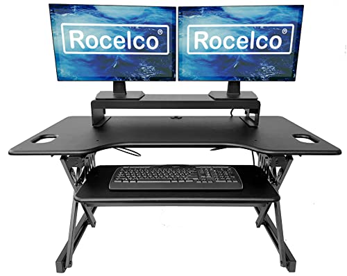 Rocelco 46" Large Height Adjustable Standing Desk Converter with Double Monitor Mount Stand BUNDLE - Quick Sit Stand Up Computer Workstation Riser - Retractable Keyboard Tray - Black (R DADRB-46-DMS) - color: Black, size: 46", style: Riser+Monitor Stand