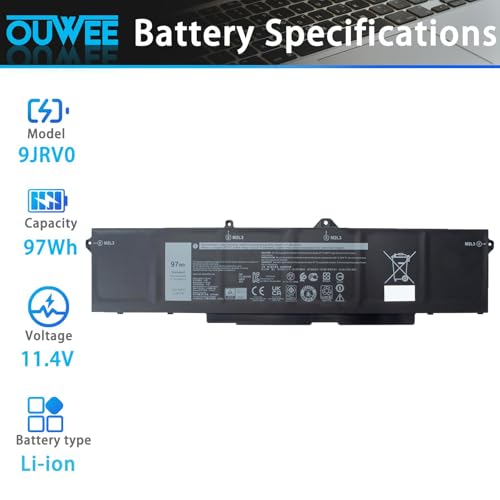 9JRV0 97Wh Battery Replacement for Dell Latitude 5521 5531 / Precision 3561 3571 3581 3591 / Alienware m17 R5 AMD/Alienware m18 R1 R2 / Alienware m18 R1 AMD Series Laptop 0P3TJ 0R05P0 05RGW - size: 10.24*3.31*0.29 inch 9JRV0