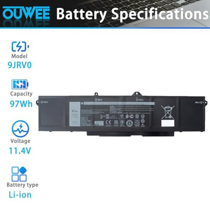 9JRV0 97Wh Battery Replacement for Dell Latitude 5521 5531 / Precision 3561 3571 3581 3591 / Alienware m17 R5 AMD/Alienware m18 R1 R2 / Alienware m18 R1 AMD Series Laptop 0P3TJ 0R05P0 05RGW - size: 10.24*3.31*0.29 inch 9JRV0