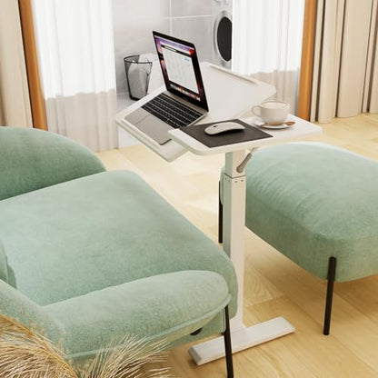 PUNCIA Medical Overbed Table with Wheels Pneumatic Adjustable Bedside Desk | Computer Cart Bedside Table Rolling Laptop Table with Tilting Split Top for Hospital Bed Office Bedroom Dorm Recovery Room