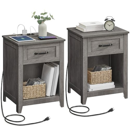 VASAGLE LIRY Collection - Farmhouse Nightstands with Charging Station, Set of 2 Bedside Tables, Side Tables with Drawer, Open Compartment, for Bedroom, Misty Gray ULET859G01 - color: Misty Gray, size: 2 PACK, style: 17.7"W x 23.6"H With 1 Drawer