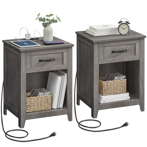 VASAGLE LIRY Collection - Farmhouse Nightstands with Charging Station, Set of 2 Bedside Tables, Side Tables with Drawer, Open Compartment, for Bedroom, Misty Gray ULET859G01 - color: Misty Gray, size: 2 PACK, style: 17.7"W x 23.6"H With 1 Drawer