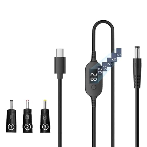 100W PD Power Charger USB-C to DC Adjustable PD Cable with Digital Display, 40 Inches, Black, Multiple Voltage Settings, Male to Male DC 5V 9V 12V 15V 20V Adapter Cable (Default +3 DC Tip) - style: Default +3 DC Tip