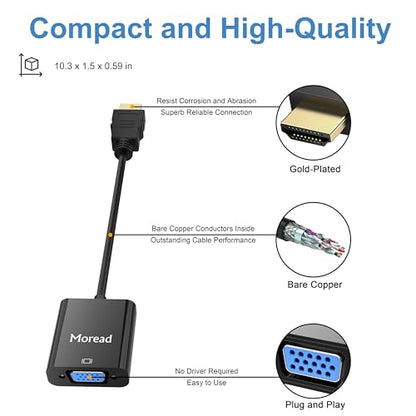 HDMI to VGA Adapter, Male to Female, Black | One-way from HDMI source (computer, desktop, laptop) to VGA display (monitor, projector, TV); not a VGA to HDMI adapter