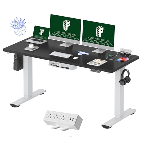 FLEXISPOT EN2 60"x24" Whole-Piece Standing Desk with Power Strip, Black | Whole-Piece Desktop, Easy-Access Clamp Power Strip, Organized Cable Management, Modern Home Office Setup - color: Black Top + White Frame, size: 60x24"