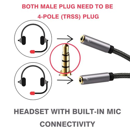 DUKABEL Long Headphone Splitter (4ft / 1.2m) Shielded 4-Pole TRRS 3.5 Y Splitter Cable 2-Way Female to Male Headphone Adapter Stereo Audio/Crystal-Nylon Braided / 24K Gold Plated / 99.99% 4N OFC - size: 48inch / 120cm