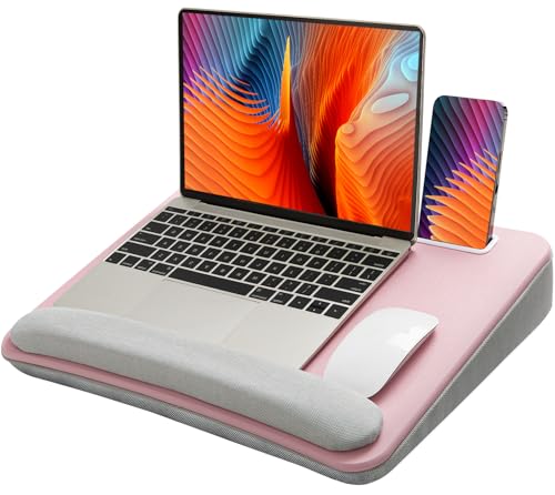 HUANUO Laptop Lap Desk with Cushion, Fit up to 15.6" Laptop，Pink | Portable Lap Desk with Pillow Cushion, Anti-Slip Strip & Storage Function for Home Office Students as Computer Laptop Stand - color: Pink, size: Medium