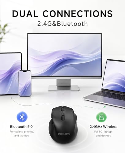 PHILIPS Wireless Mouse for Laptop, 2.4GHz & Bluetooth Computer Mouse for Small to Medium Hands, 5-Level Adjustable 4000 DPI High Precision, 6 Buttons, Silent Mouse for PC, Mac, Tablets