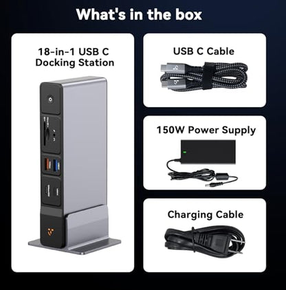 TobenONE Laptop Docking Station 3 Monitors, 8 USB Ports, 150W Adapter | 100W PD and 20W Charging, 2.5G Ethernet, Triple 4K via 2 HDMI, DP, USB C, Single 4K@144, SD/TF 4.0 for Windows/Chrome OS