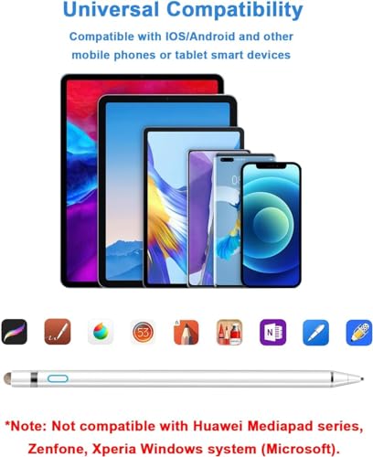 Stylus Pen for Touch Screen 1.5mm Fine Point Pen for iPhone Rechargeable Universal iPad Pencil Compatible with Android/iOS/iPad/iPhone/Smartphone Other Tablets/Nintendo Switch 2 (White) - color: White