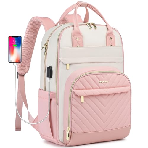 Backpack for Women Laptop Bag: Work Travel Backpacks Fits 17 inch Computer Waterproof College Bookbag with USB Charger Anti-theft Business Casual Backpack Purse for Nurse Teacher Beige Pink - color: 2-beige Pink, size: 17.3 Inch